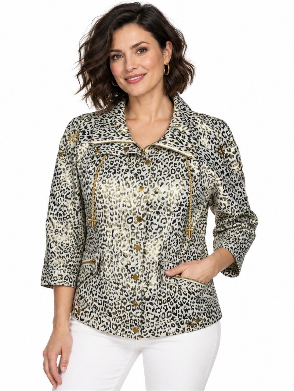 Vintage Just B Leopard Print Linen Jacket Gold Trim M 90s Y2K